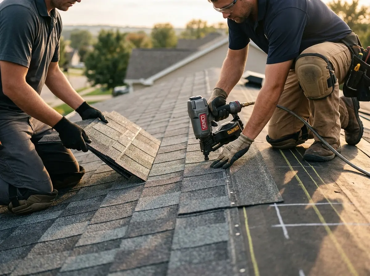 Professional roofer working on a residential roof in Iowa Colony
